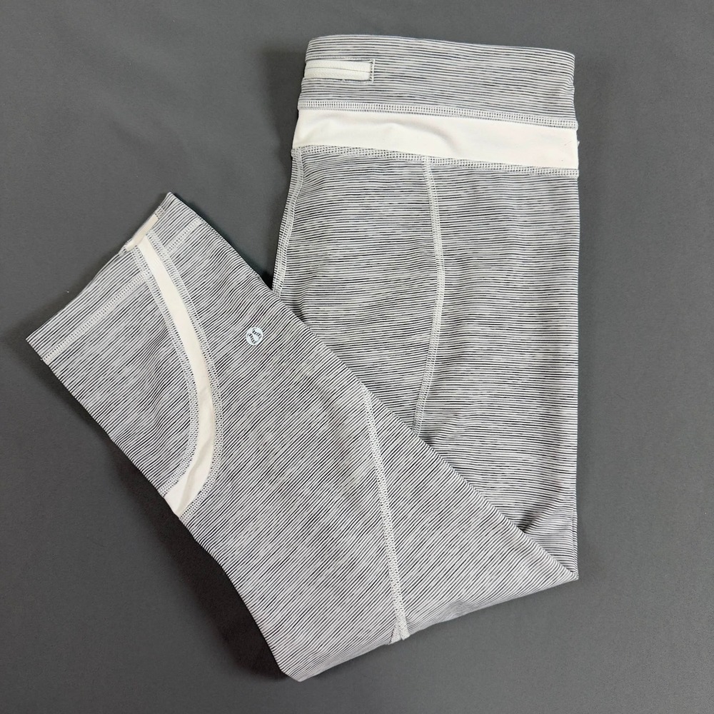 Lululemon Run Inspire Crop II Leggings White Black Stripe Womens 10 - Picture 1 of 7